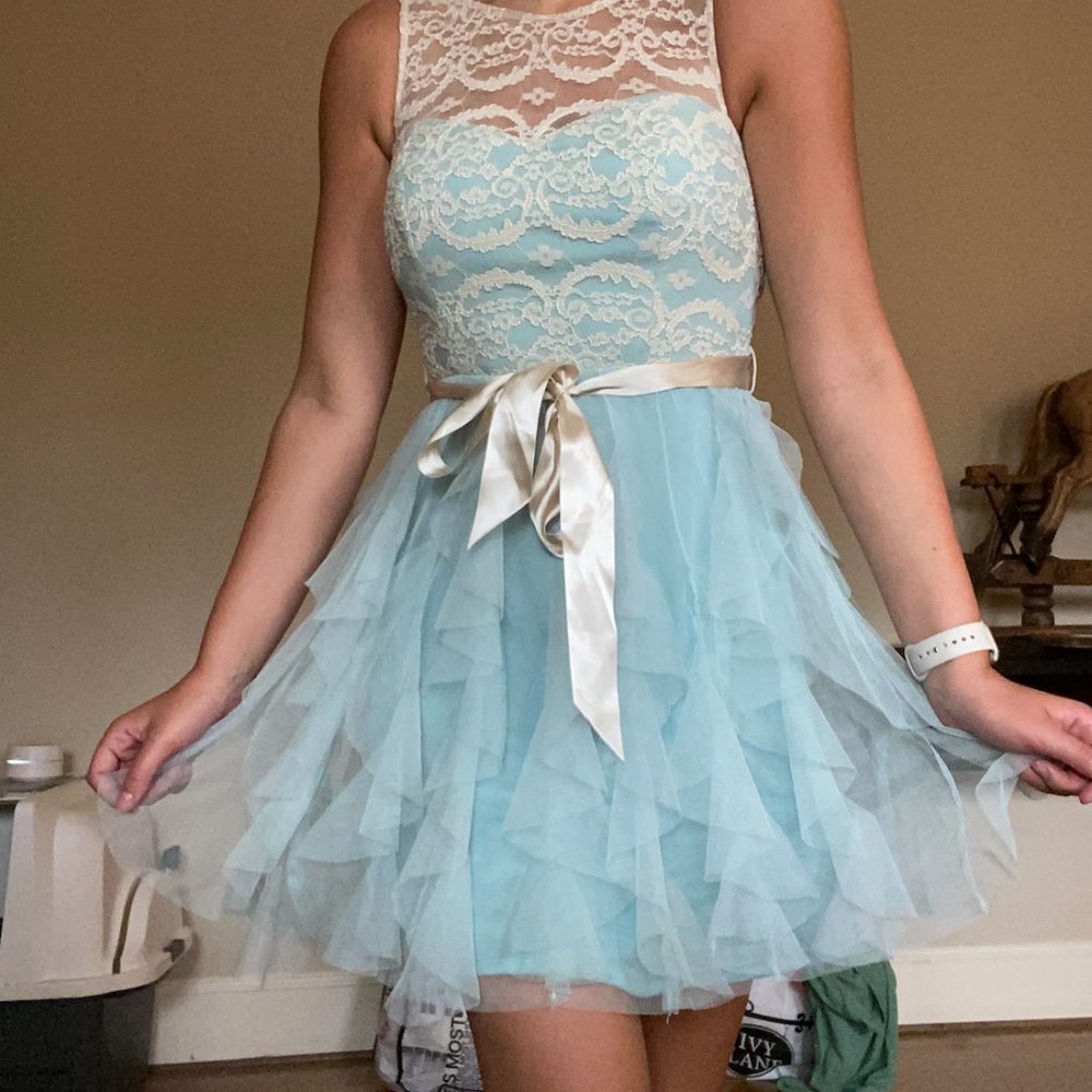 Beautiful Light Blue Dress with Cream Lace Details